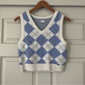 Hollister Argyle V-neck Sweater Vest Womens Large Blue Cream Academia Preppy